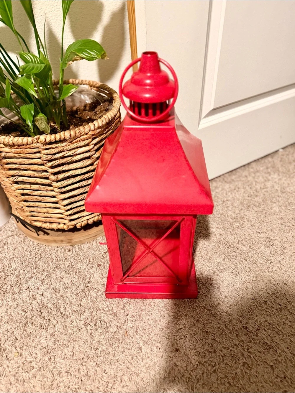 Red Metal Candle Lantern 20in Glass Panel Farmhouse Boho Decor